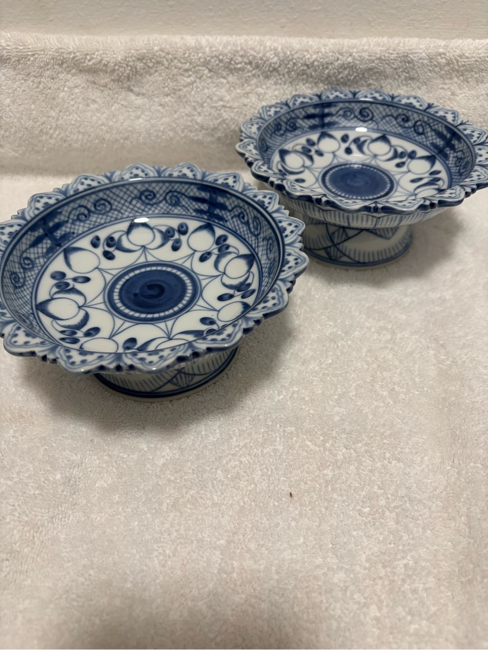 Blue and White Porcelain Compote Pedestal Bowls - Set of 2